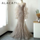High-end luxury evening dress for women, fashionable and elegant fishtail length, feather embroidered beads, trumpet sleeves, super fairy performance exit
