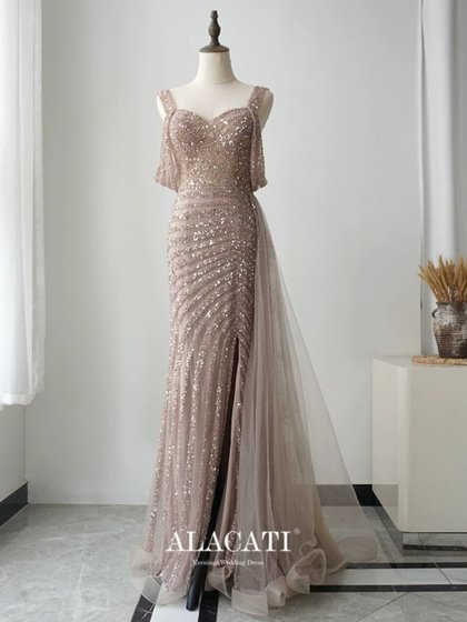 新款高端奢华高腰显瘦双肩鱼尾重工晚礼服婚礼敬酒服年会演出迪拜