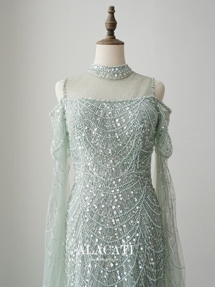 高端奢华重工水袖高腰显瘦鱼尾立领晚礼服年会名媛晚宴演出口中东