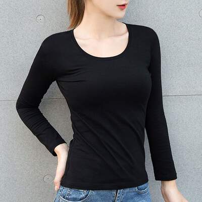 Black long-sleeved T-shirt for women in spring and autumn, pure cotton stretch cotton base layer, slim and versatile round-neck T-shirt, paired with an autumn coat inside