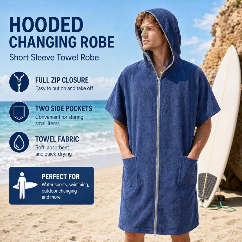 Hooded Bath Towel for Men, Absorbent and Quick-Drying, Can Be Worn after Swimming, Bathrobe with Zipper Pockets for Outdoor Changing