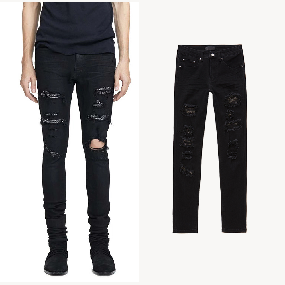 Chao brand 20SS fog Amiri black diamond-encrusted stretch jeans high street hole men and women couples long pants