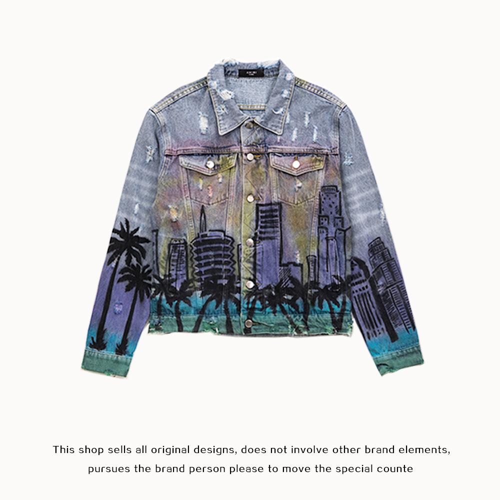 Fog amiri denim jacket coat men and women couples high street heavy industry graffiti printing wash hole coat tide