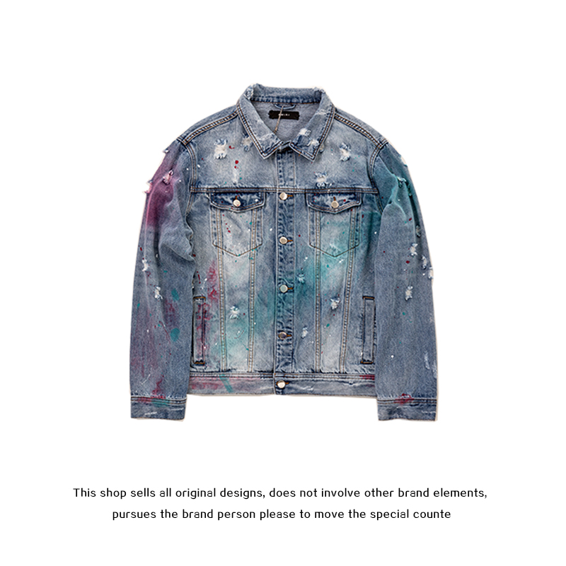 FOG AMIRI Street Hip Hop Old Loose Coat Men's and Women's High Street Tide Jacket Splash Ink Ripped Jeans