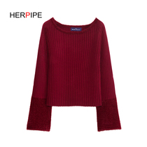 Flared sleeve sweater women feather collar thick knitted base shirt solid color high waist short pullover cashmere sweater women