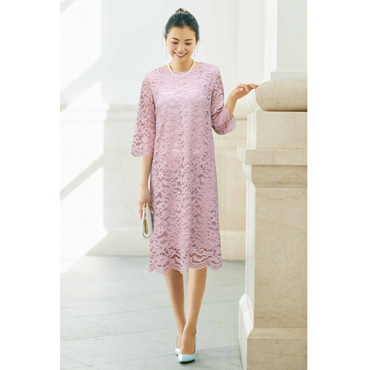 High-order concave-convex three-dimensional bone feeling lace giant thin meat cover H-shaped straight tube seven-point sleeve dress with large size women's clothing