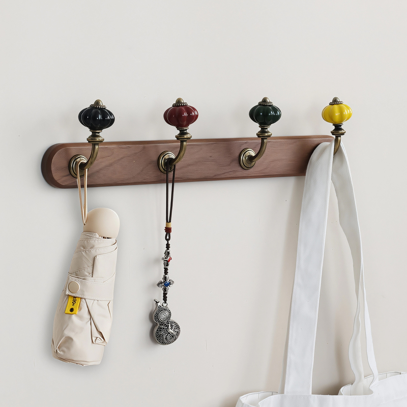 Walnut Door Behind the Entrance Hall Chinoiserie Retro Row of Hooks Strong Adhesive Hooks Punch-Free Fixed Wall Dual-Use