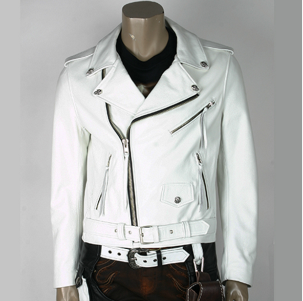 New Korean imported personality retro white diagonal zipper cowhide Harley print knight motorcycle leather short men's