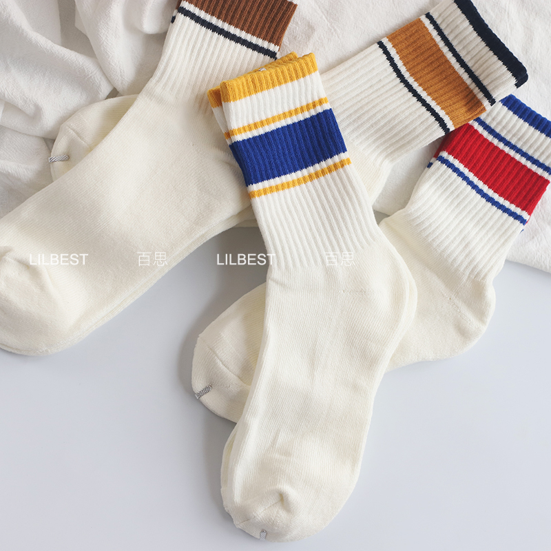 83% Combed Cotton Socks for Men, Autumn and Winter, Towel Bottom, Thickened, Warm, Mid-Calf Socks, Hong Kong Style, Striped, Color-Blocking, White Long Socks