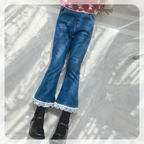 Ran Rans girl jeans micro-La 2021 new pants foreign style lace blue plus velvet childrens Bell pants winter