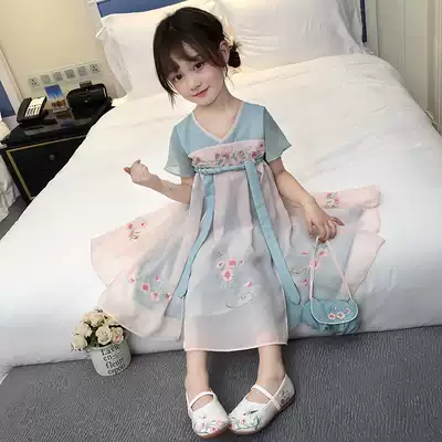 Hanfu girls Chinese style baby Tang suit 2021 summer dress new chiffon children's skirt embroidery retro dress
