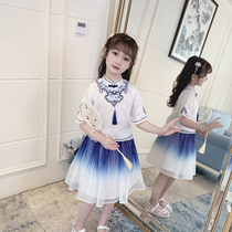 Girls Republic of China Style Set Summer Short Sleeve 2021 New Blue and White Porcelain Top Skirt Children Hanfu Two Piece Set