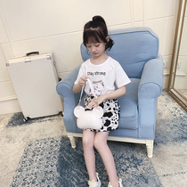 Girl set summer thin net red 2021 New cute cow short sleeve coat childrens skirt two-piece set