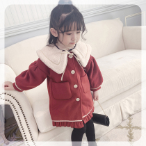 The girls woolen coat red 2021 Winter new foreign style little girl winter coat thick childrens coat
