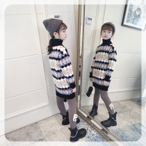 Long girl sweater long autumn and winter 2021 new warm winter wear diamond shaped high collar childrens sweater
