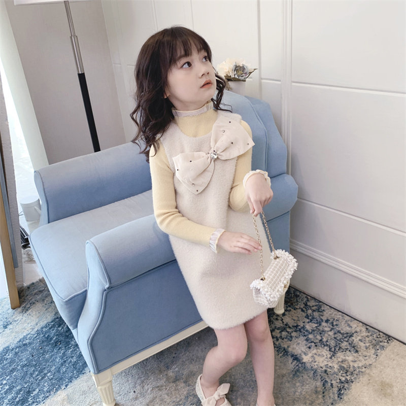 Girls dress autumn dress 2021 new Korean version fashion bow princess dress pink children's tank top skirt