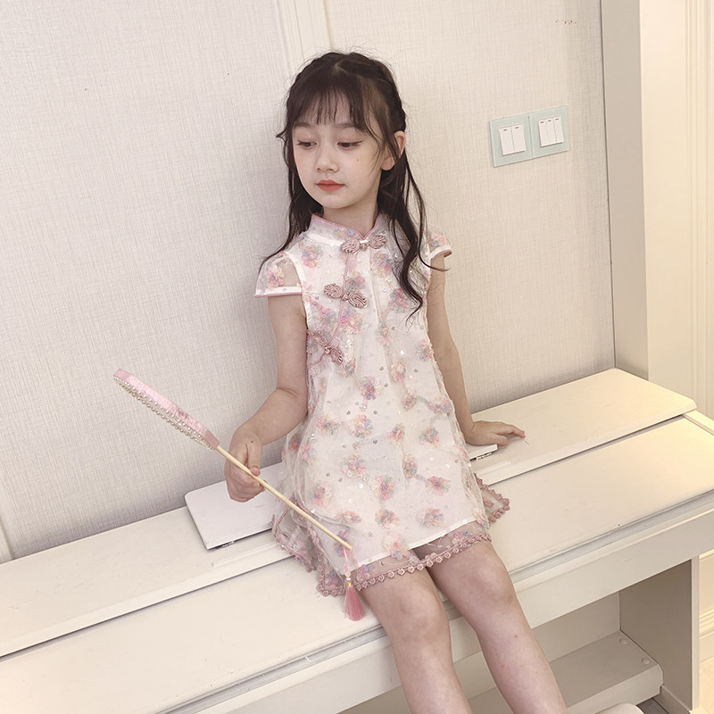 Girls Summer Dress Improved Short Sleeve 2021 New Children Flower Sweet Princess Dress Little Girl Cheongsam Summer