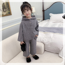 Korean childrens clothing set girl 2021 New plus velvet baby winter loose hooded sweater two-piece set