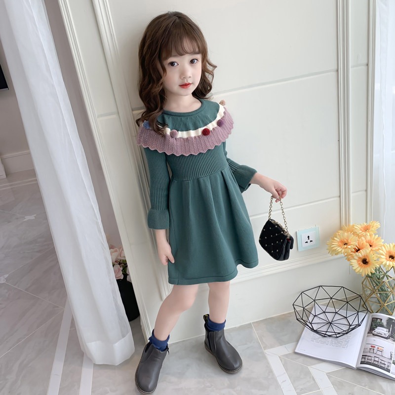 Girl dress 2021 Autumn New style girl Horn long sleeve knitted wool dress children princess skirt