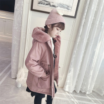 Girls plus velvet coat 2021 Winter new Parker clothing long thick cotton clothing Korean childrens early winter cotton clothes