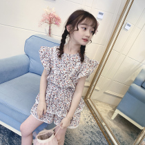 Girls summer dress set retro fashion 2021 new little girl short sleeve top shorts children flower two-piece set
