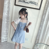 Girls Dress Summer New 2021 Korean Little Girl Denim Lace Bubble Sleeve Children Net Red Skirt