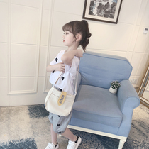 Girls sports suit summer cool 2021 New Korean fashion short sleeve love small and medium children anti mosquito pants two-piece set