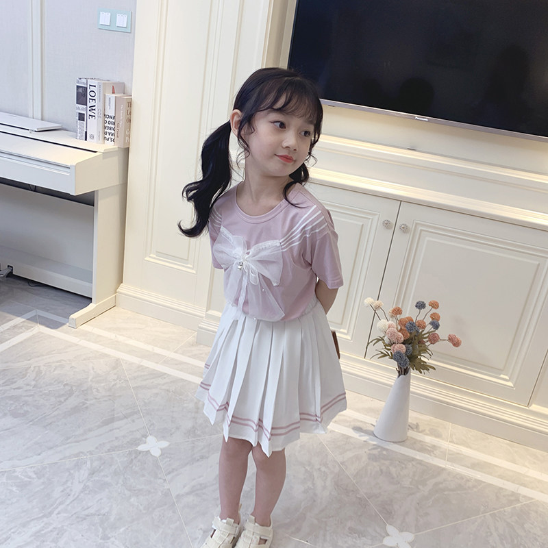 Girls set Academy Wind Summer 2021 new style foreign bow short sleeve skirt children JK uniform two-piece set
