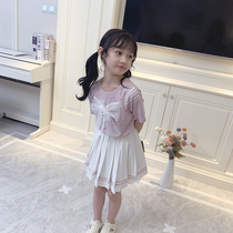Girls set College Style summer 2021 new foreign style bow short sleeve skirt children JK uniform two-piece