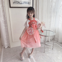 Hanfu girls summer dress chiffon red 2021 new little girl waist Super fairy costume children Tang short sleeve summer