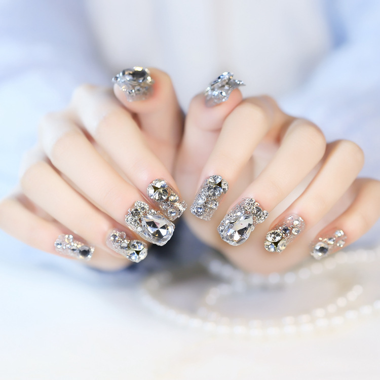 Water Drop Crown Sparkling Diamond Fake Nails Bridal Fake Nails Finished Product Japanese and French Glitter Rhinestone Nail Art Stickers Accessories 24 Pieces Water Drop Crown Sparkling Diamond Fake Nails Bridal Fake Nails Finished Product Japanese and French Glitter Rhinestone Nail Art Stickers Accessories 24 Pieces