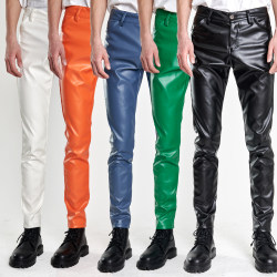 Spring and summer thin leather trousers for young and middle-aged men's elastic motorcycle slim-fitting small feet green bar orange tangerine leather trousers for men