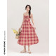 Original design by Ouyang Xi <Strawberry Heart> Spring red plaid suspender long skirt slimming high waist dress suit