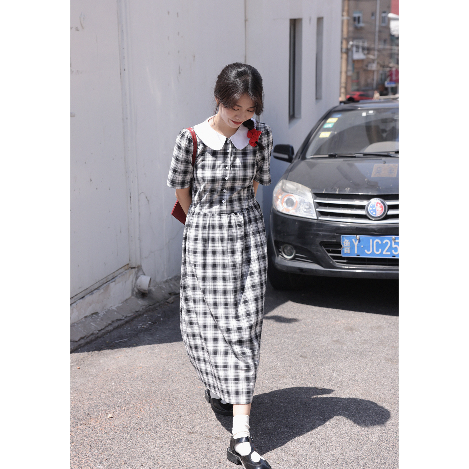 Ouyang Xi College style pattern dress, cute doll collar, waist, high and thin, A-line skirt, Korean skirt, summer