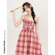 Original design by Ouyang Xi <Strawberry Heart> Spring red plaid suspender long skirt slimming high waist dress suit