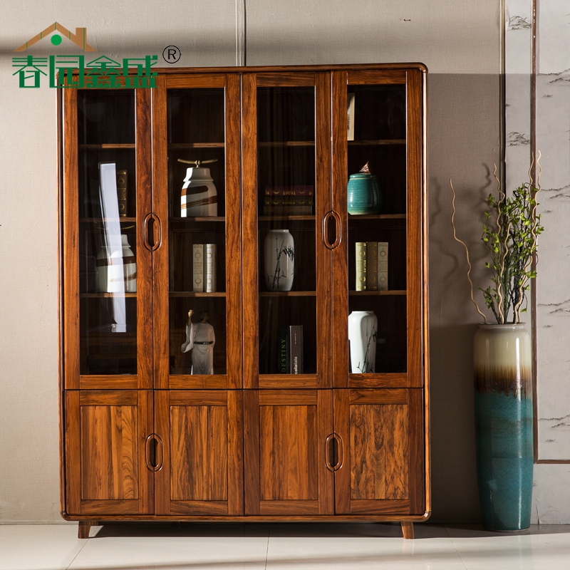 Pure all-solid wood wood four-door bookcase cupboard Wine cabinet Chinese Simple modern study furniture