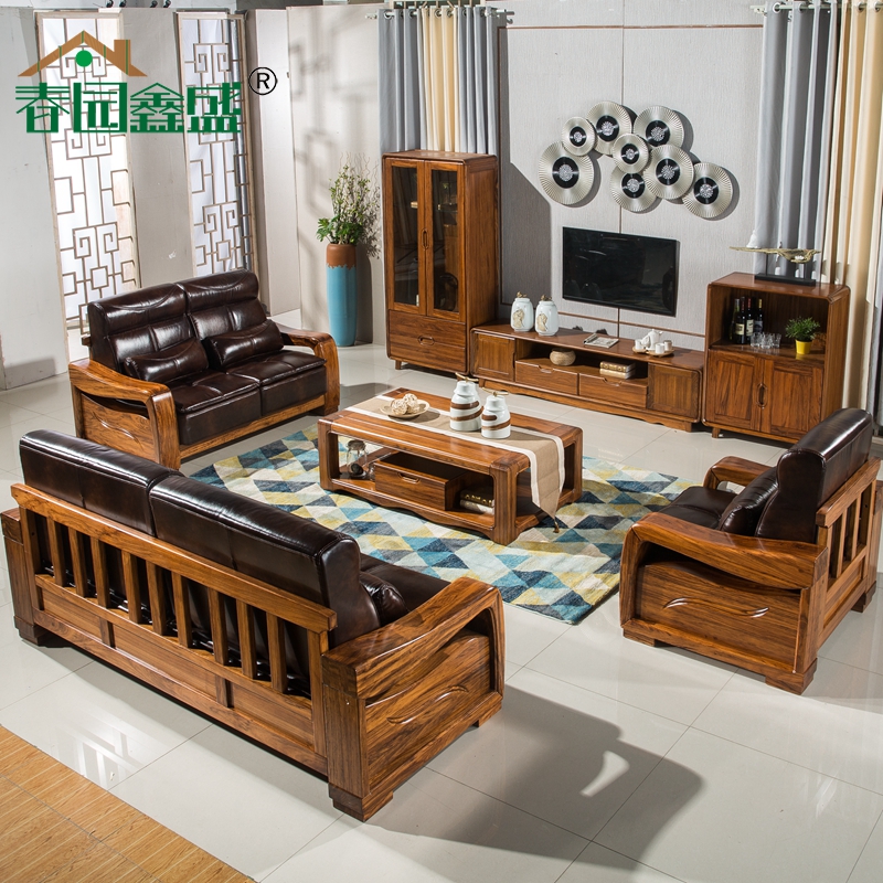 Pure solid wood Ukim wood sofa wood frame real leather sofa thick and heavy modern Chinese style minimalist guest hall furniture big money 