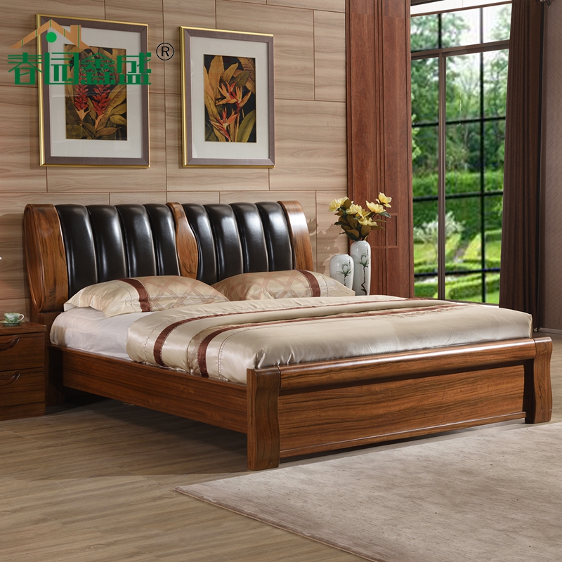 All solid wood ebony wood bed leather 1 8m double thick re-Chinese style bedroom furniture