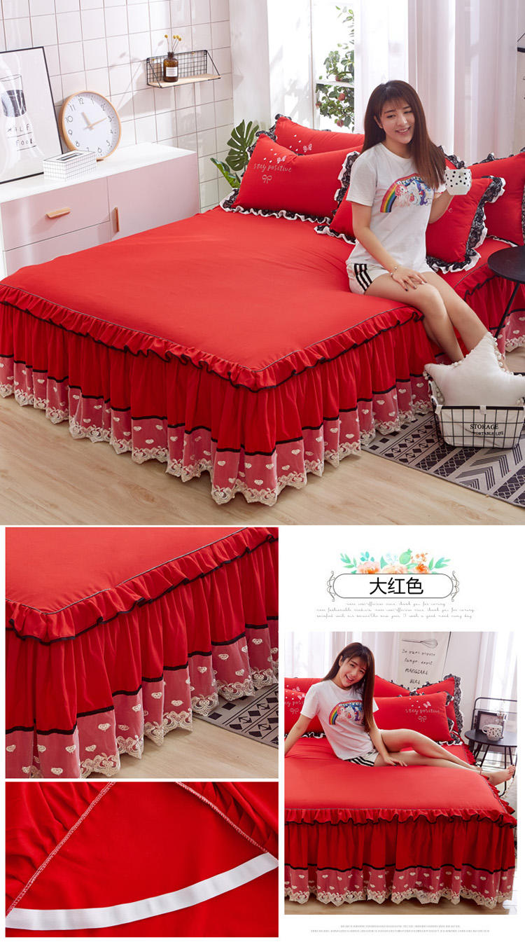 mạng ins ren đỏ giường váy ba mảnh kiểu một mảnh khăn trải giường giường 1.8m ren trượt Được trang bị nệm bảo vệ - Váy Petti giường váy