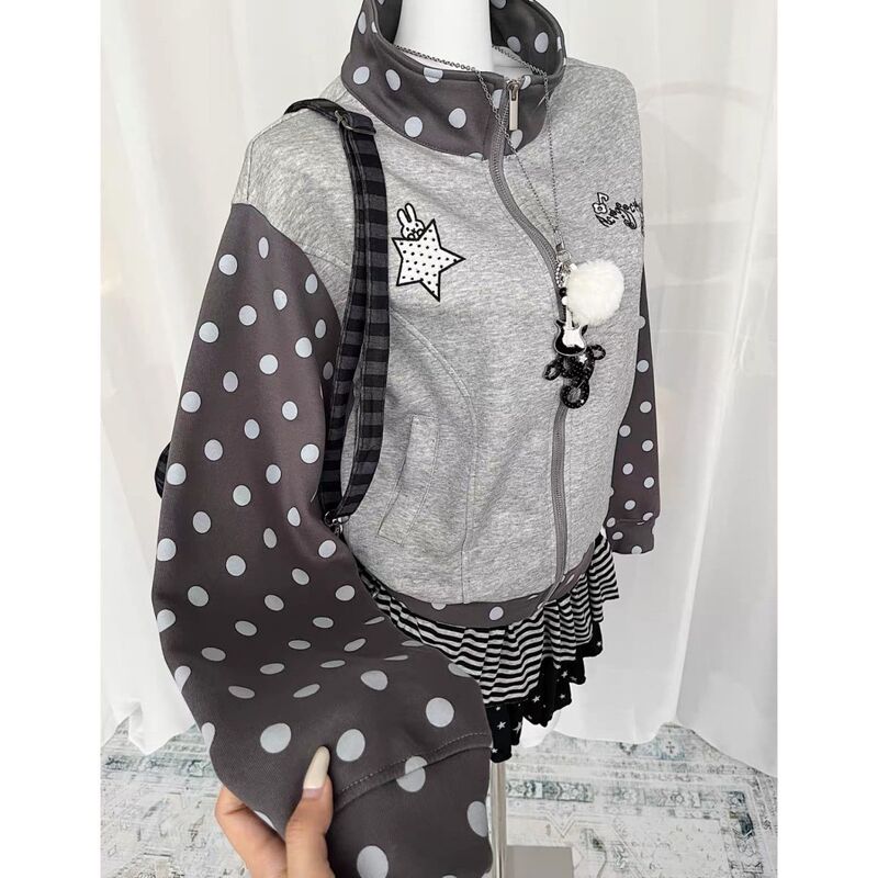 Light Subculture Girl Y2K Autumn and Winter Patchwork Polka Dot Cardigan Sweatshirt Japanese Cute Sweet Stand Collar Jacket Top