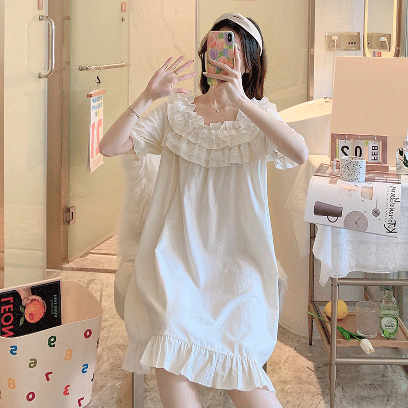 Lace Square Neckline Sleeping Dress Woman Summer Thin can outwear green pure cotton pyjamas style palace Wind princess Home Residence Dress