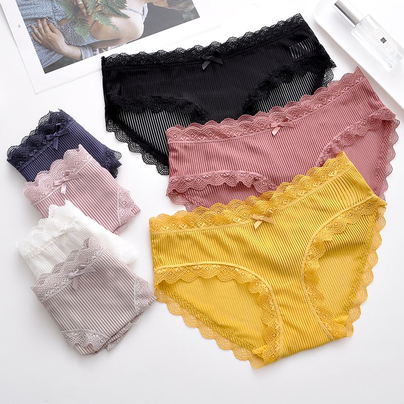 White underpants female pure cotton crotch girl lace cute mid-waist sweet and beautiful ice silk with thin and breathable striped triangular pants