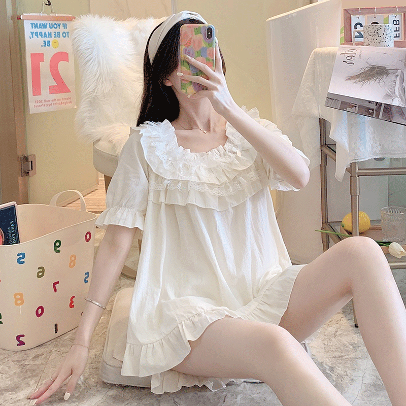 Pajamas women bring summer short sleeve shorts pure cotton cute French court wind princess home suit