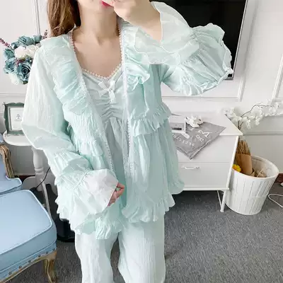 Three-piece pajamas female spring and autumn pure cotton sexy sweet cute Japanese fairy princess style with chest pad home clothes summer