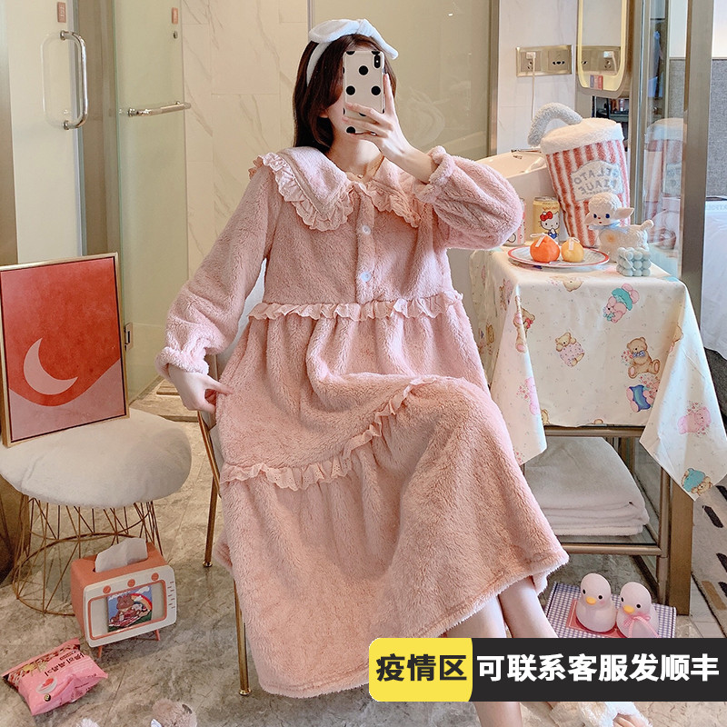 Sleeping Skirt Woman Autumn/Winter Long Sleeves Large Turnover Cute Coral Suede Island Suede Princess Wind Sweetness and Loose Foam pyjamas