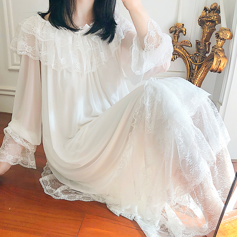 Palace nightdress women's spring and summer long version retro lace mesh long-sleeved modal autumn can wear princess style pajamas