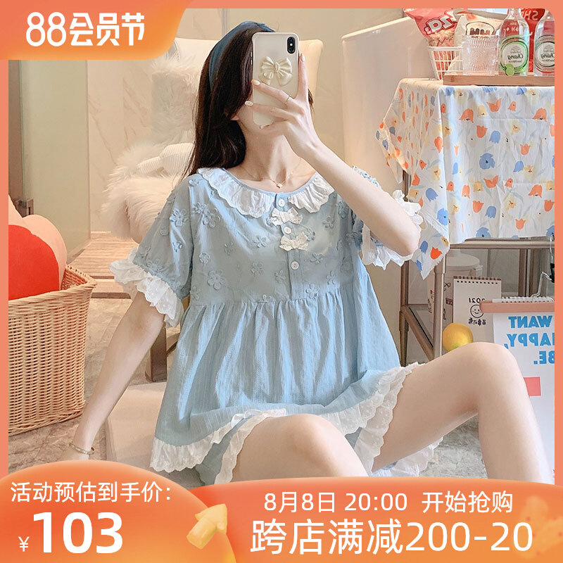 2023 new pajamas girl summer female net red hot style pure cotton cute can be worn outside short-sleeved shorts home clothes