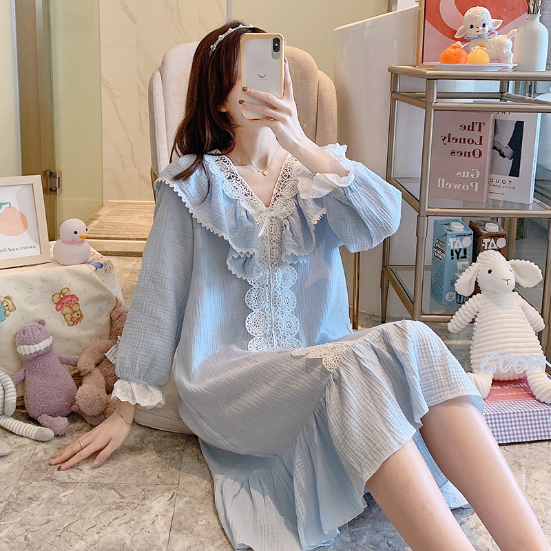 Palace pajamas women spring and autumn cotton lace lace cotton gauze cute sweet fairy summer home service nightdress