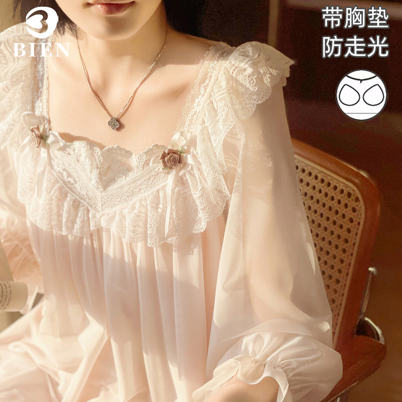 Bien Mesh Nightgown for Women in Spring and Autum, Sweet Princess Style Home Fairy French Palace Style with Breast Pads That Can Be Worn Outside