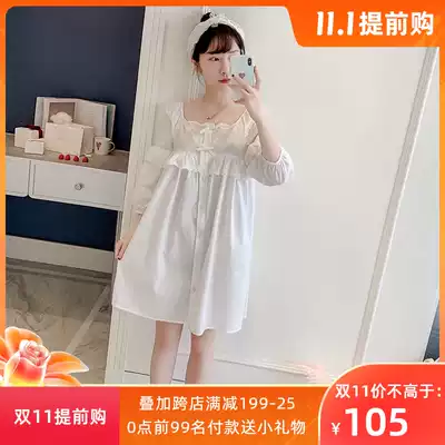 Nightdress female spring and autumn cotton short sleeve sweet princess pajamas summer thin court style home clothes Korean White cute